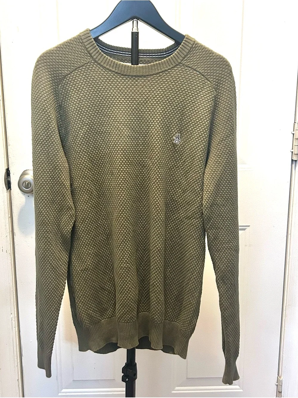 Original Penguin Sweater Mens Small Green Waffle Knit Crew Neck Logo Pullover